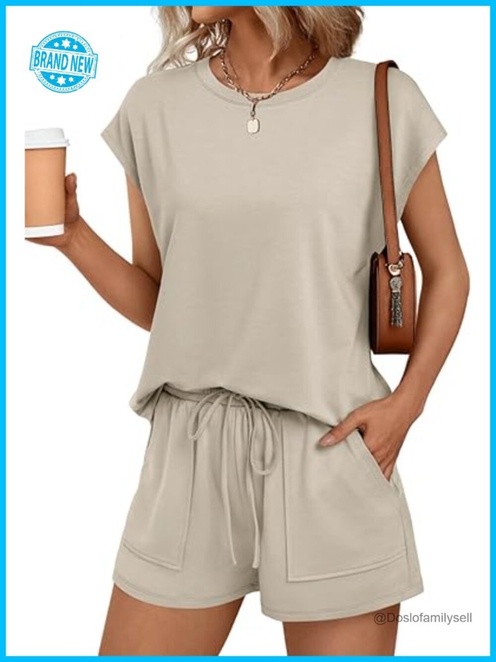 Cap Sleeve Two Piece Short Set with Pockets Drawstring Summer Sweatsuit